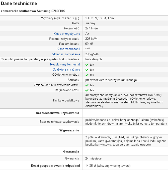 Dane techniczne zamrażarki Samsung RZ80FHIS
